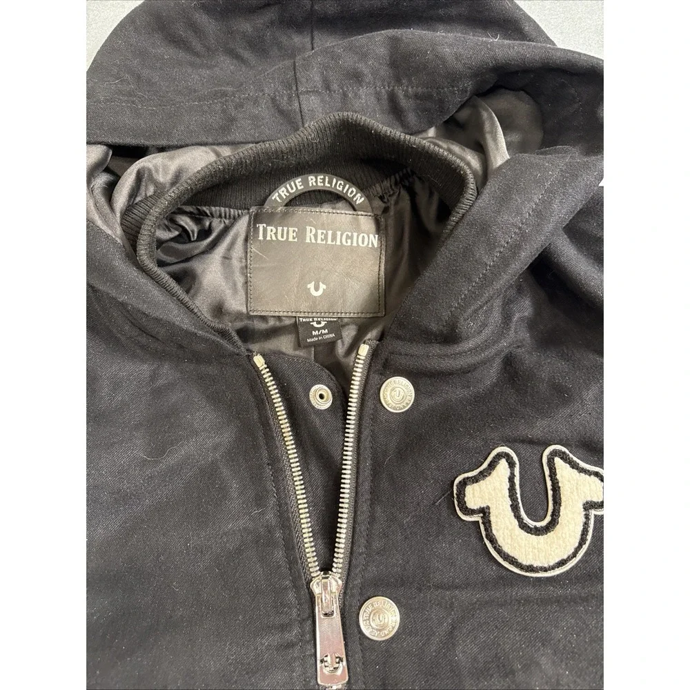 JACKET BOMBER LEATHER Varsity MEN MED MSRP $799  EXCELLENT JACKET TRUE‎ RELIGION